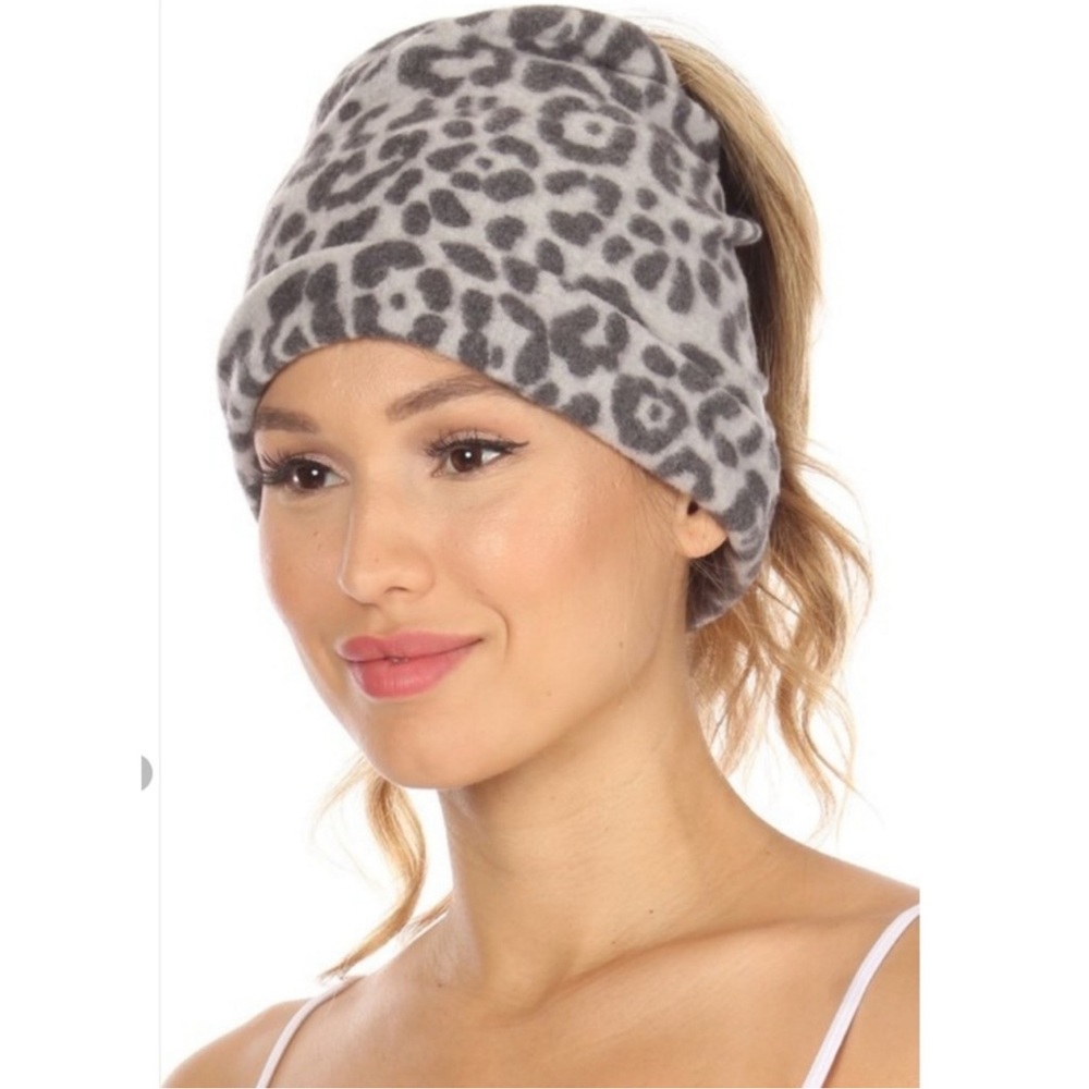 🍁NewVersatile Brushed Gray Leopard Print Beanie Hat/Ponytail Beanie/Headband - Picture 4 of 5
